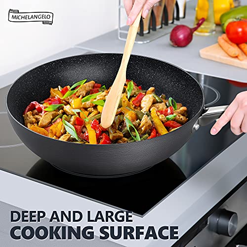  Hard Anodized Nonstick Wok With Lid, Cooking Wok Pan 12 Inch, Large Wok Pan With Flat Bottom, Induction Wok With Steamer Rack & Fry Basket, Woks And Stir Fry Pans - 5 Quart