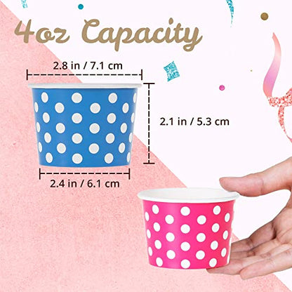  Paper Ice Cream Cups - 50-Count 4-Oz Disposable Dessert Bowls For Hot Or Cold Food, 4-Ounce Party Supplies Treat Cups For Sundae, Frozen Yogurt, Soup, 5 Colors, Polka Dots