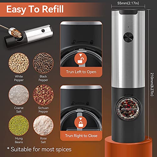  Electric Salt And Pepper Grinder Set W/USB Rechargeable Base, No Battery Needed, One Handed Operation, Automatic Powered Spice Mill Shakers Refillable, Adjustable Coarseness, LED Light