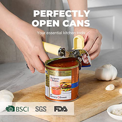 Can Opener Manual, Heavy Duty Handheld Can Opener With Stainless Steel Sharp Blade, Hand Can Opener With Ergonomic Hand Grip And Larger Turning Knob, Built In Bottle Opener(Yellow)