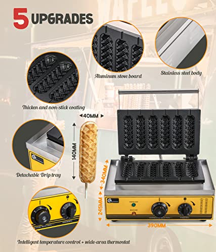  Commercial/Home Electric Corn Hot Dog Machine Non-stick French Muffin Waffle Irons 6Pcs Waffle Stick Maker Stainless Steel Temperature Range 50-300 ℃ Timer 0-5 Min 1550W 110V