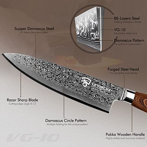  Damascus Chef's Knife 8 Inch Professional Handmade Damascus Stainless Steel Kitchen Knife, Superb Edge Retention, Stain & Corrosion Resistant, Ergonomic PAKKA Wood Handle