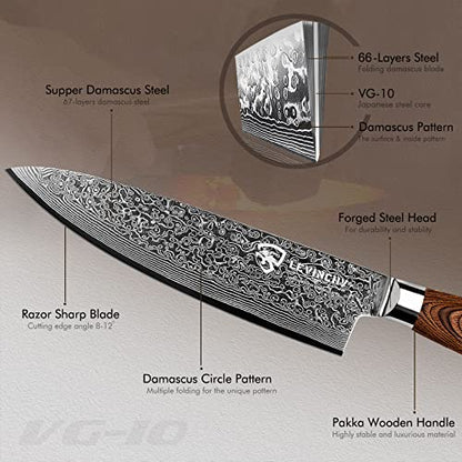  Damascus Chef's Knife 8 Inch Professional Handmade Damascus Stainless Steel Kitchen Knife, Superb Edge Retention, Stain & Corrosion Resistant, Ergonomic PAKKA Wood Handle