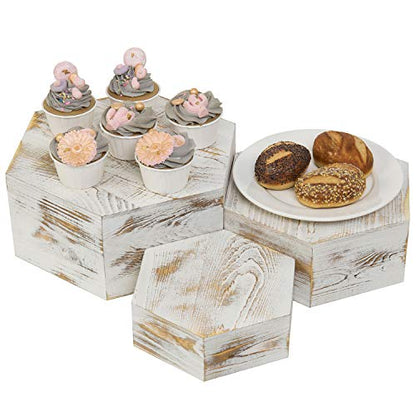  Shabby Whitewashed Wood Hexagonal Display Riser Stands For Cakes, Cupcakes, Desserts And Merchandise, Set Of 3