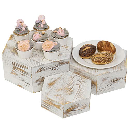  Shabby Whitewashed Wood Hexagonal Display Riser Stands For Cakes, Cupcakes, Desserts And Merchandise, Set Of 3