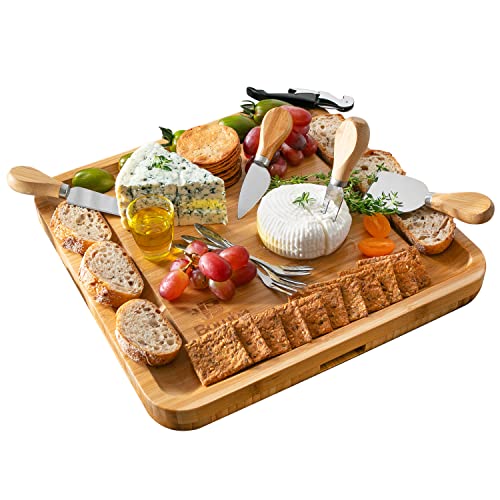 Amboo Cheese Board – 13 X 13 Inches Charcuterie Board With Accessories – Includes 4 Cheese Knives & Forks And Wine Opener - Magnetic Drawer – Ideal For Cheese, Fruit, Wine, Meat