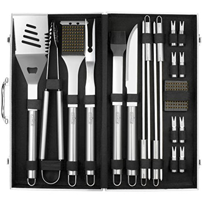  BBQ Grill Utensil Tools Set Reinforced BBQ Tongs 19-Piece Stainless-Steel Barbecue Grilling Accessories With Aluminum Storage Case -Complete Outdoor Grill Kit For Dad, Birthday Gift For Man