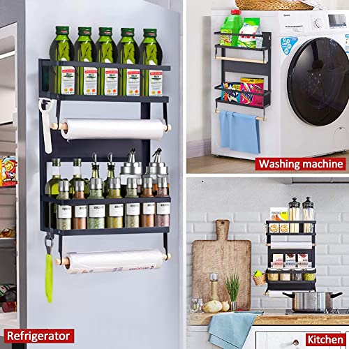  XIAPIA Magnetic Fridge Organizer Spice Rack With Paper Towel Holder And 5 Extra Hooks | 3 Tier Magnet Refrigerator Shelf In Kitchen Holds Up To 45 LBS | 16x12x4 Inch Black