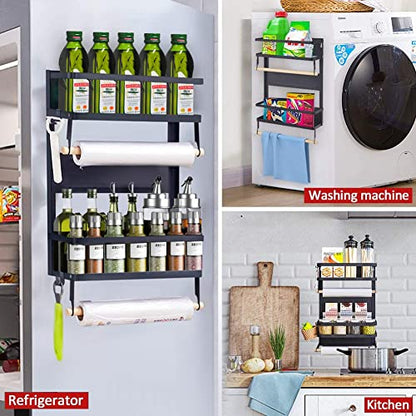  XIAPIA Magnetic Fridge Organizer Spice Rack With Paper Towel Holder And 5 Extra Hooks | 3 Tier Magnet Refrigerator Shelf In Kitchen Holds Up To 45 LBS | 16x12x4 Inch Black