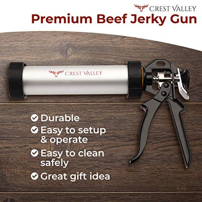  Premium Jerky Gun - Complete Jerky Making Kit - 1 LB Easy Clean And Durable Aluminum Cannon With 4 Beef Stick/Strip Nozzles - 3 Cleaning Brushes - Home Recipes Included