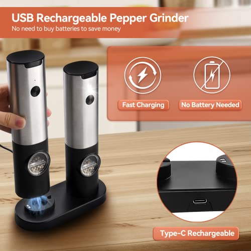  Electric Salt And Pepper Grinder Set W/USB Rechargeable Base, No Battery Needed, One Handed Operation, Automatic Powered Spice Mill Shakers Refillable, Adjustable Coarseness, LED Light