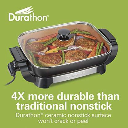 Hamilton Beach Durathon Ceramic Electric Skillet With Removable 12x15” Pan (38529K) & Durathon Ceramic Griddle Electric With 200 Square Inch PTFE & PFOA Free Cooking Surface (38519R)