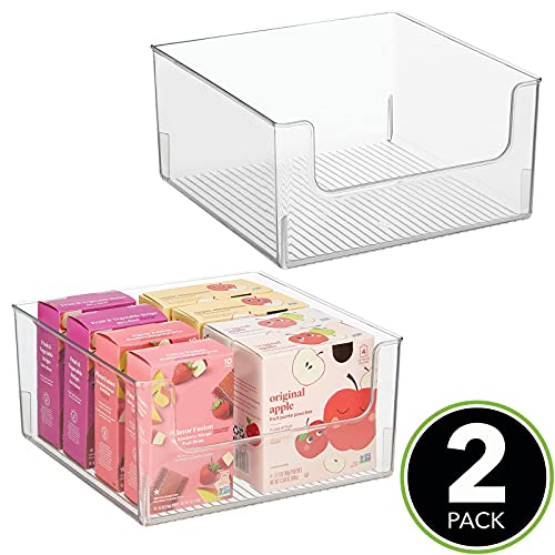  Modern Wide Plastic Open Front Dip Storage Organizer Bin Basket For Kitchen Organization - Shelf, Cupboard, Cabinet, And Pantry Organizing Decor - Ligne Collection - 2 Pack - Clear