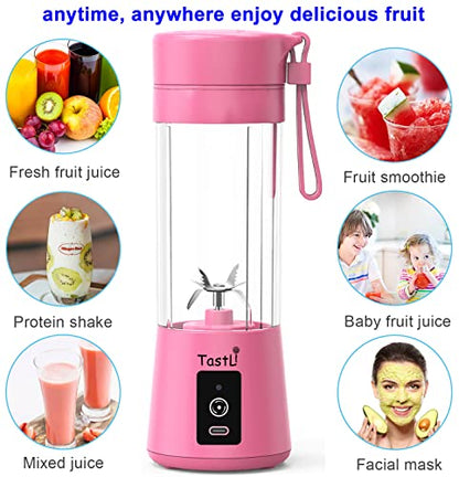  Portable Blender, Personal Mini Bottle Travel Electric Smoothie Blender Maker Fruit Juicer Cup, With 13oz Bottles, 6 Blades And USB Rechargeable Batteries For Juice Shakes And Smoothies (Pink)