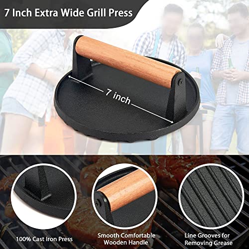  Cast Iron Burger Press, 7 Inch Round Heavy Duty Bacon Meat Steak Grill Press With Wooden Handle, Heat Proof, Rust Resistance, Griddle Accessorie Burger Smasher For BBQ Flat Top Teppanyaki