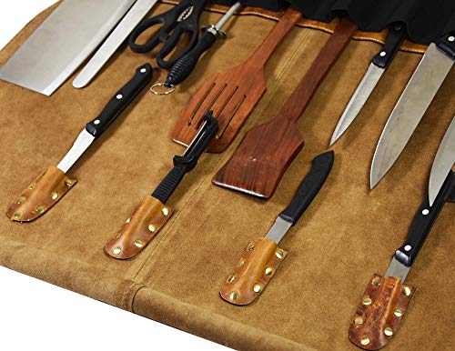  Aron Leather Goods Vendimia Estilo Leather Knife Roll Storage Bag, Elastic And Expandable 10 Pockets, Adjustable/Detachable Shoulder Strap, Travel-Friendly Chef Knife Case Roll (Caramel, Leather)