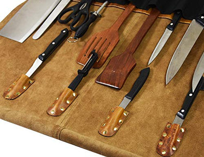  Aron Leather Goods Vendimia Estilo Leather Knife Roll Storage Bag, Elastic And Expandable 10 Pockets, Adjustable/Detachable Shoulder Strap, Travel-Friendly Chef Knife Case Roll (Caramel, Leather)