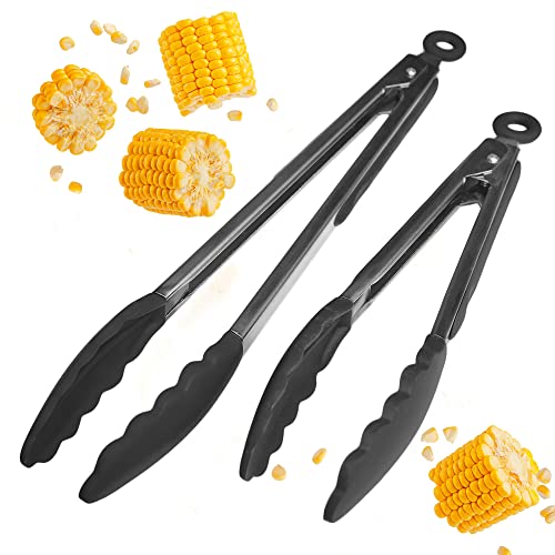  Ium Silicone Kitchen Tongs For Cooking Set (9" & 12" Gray Black) - Stainless Steel Tongs For Cooking With Silicone Tips - Non-Stick, High Heat Resistant Silicone Tongs (600°F)