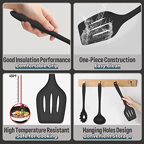  Silicone Cooking Utensils Set, E-far 7-Piece Black Heat Resistant Kitchen Utensils Set, Kitchen Nonstick Tools Spatula Ladle Spoon Pasta Server For Non-stick Cookware, Non-Toxic & Dishwasher Safe