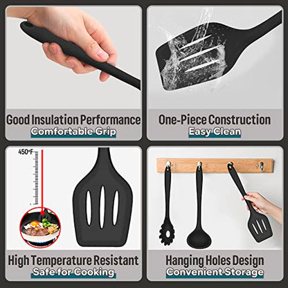  Silicone Cooking Utensils Set, E-far 7-Piece Black Heat Resistant Kitchen Utensils Set, Kitchen Nonstick Tools Spatula Ladle Spoon Pasta Server For Non-stick Cookware, Non-Toxic & Dishwasher Safe