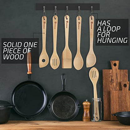  Wooden Spoons For Cooking Kitchen Utensils Set Of 5 Cooking Spoons And Spatula - Natural Beechwood For Nonstick Cookware Heat Resistant Wood Spoons