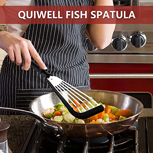  Fish Spatula, Stainless Steel Slotted Fish Turner, Silicone Fish Spatula With Basting Brush, 13 Inch, Heat Resistant, Flexible, Metal Spatula For Nonstick Cookware, BLACK