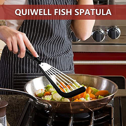  Fish Spatula, Stainless Steel Slotted Fish Turner, Silicone Fish Spatula With Basting Brush, 13 Inch, Heat Resistant, Flexible, Metal Spatula For Nonstick Cookware, BLACK