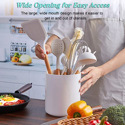  Cream White Kitchen Utensil Holder, 7.2" Extra Large Utensil Holder For Kitchen Counter, Thickenss Cooking Ceramic Utensil Crock For Utensils, Housewarming Wedding Gifts For Kitchen Decor