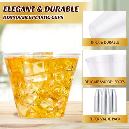  100 Pack 9 OZ Clear Plastic Cups, Hard Clear Disposable Plastic Cups, Bulk Plastic Tumblers Cups For Wedding, Thanksgiving, Halloween, Christmas Party