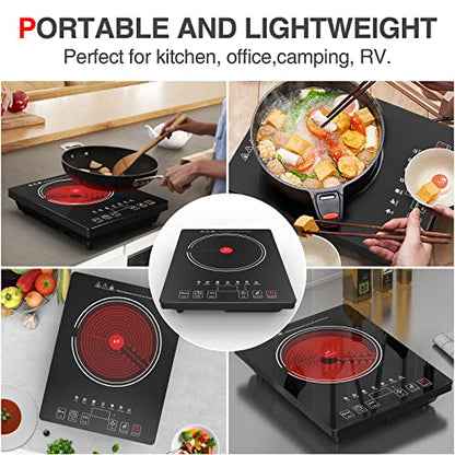  Electric Cooktop, QTYANCY Portable Ceramic Cooktop, 120V 8 Power 8 Temperature Levels, Timer & Child Lock, Overheat Protection Hot Plate