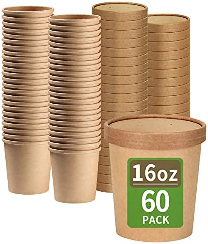  Bloomoon 60 Pack 16 Oz Paper Soup Containers With Lids, Disposable Ice Cream Pint Containers With Lids, Microwavable & Leak Proof For Soup And Ice Cream Storage (60 Cups 60 Lids)