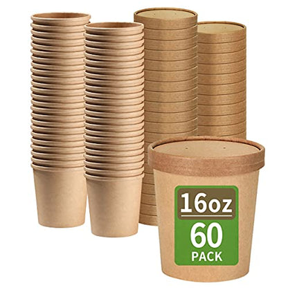  Bloomoon 60 Pack 16 Oz Paper Soup Containers With Lids, Disposable Ice Cream Pint Containers With Lids, Microwavable & Leak Proof For Soup And Ice Cream Storage (60 Cups 60 Lids)