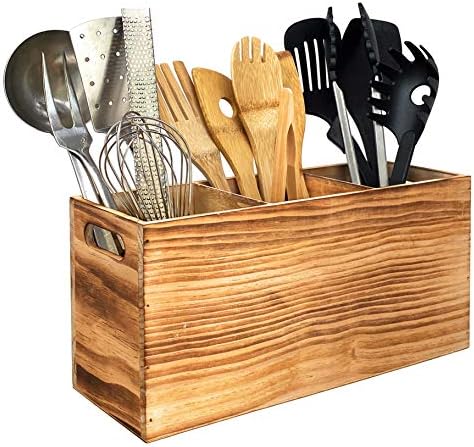  Utensil Holder In Rustic Wood For Farmhouse Kitchen Decor, Countertop Organizer And Cooking Tools Storage (Triple)