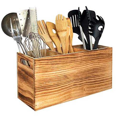  Utensil Holder In Rustic Wood For Farmhouse Kitchen Decor, Countertop Organizer And Cooking Tools Storage (Triple)