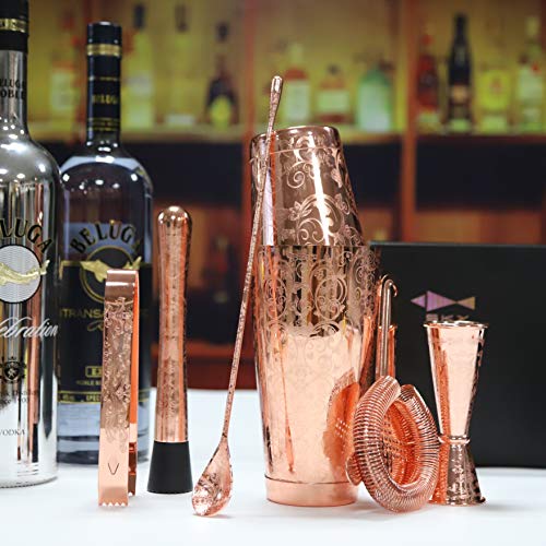  KY FISH Bartender Kit Cocktail Shaker Set-6 Pieces Stainless Steel Copper Plated Etching Bar Tools With Boston Shaker Tins,Mixing Spoon,Mojito Muddler,Jigger,Hawthorne Strainer ,Ice Tongs