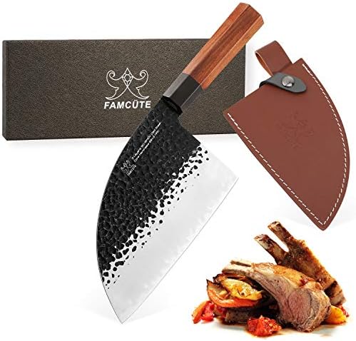 6.5 Inch Butcher Knife, 3 Layer 9CR18MOV Clad Steel W/octagon Handle Serbian Meat Cleaver Knife With Leather Knife Sheath