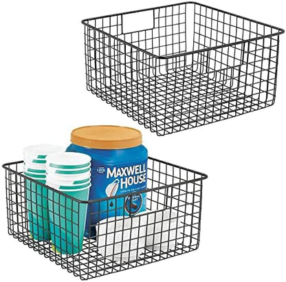  MDesign Farmhouse Decor Metal Wire Food Organizer Storage Bin Baskets With Handles For Kitchen Cabinets, Pantry, Bathroom, Laundry Room, Closets, Garage - 2 Pack - Bronze