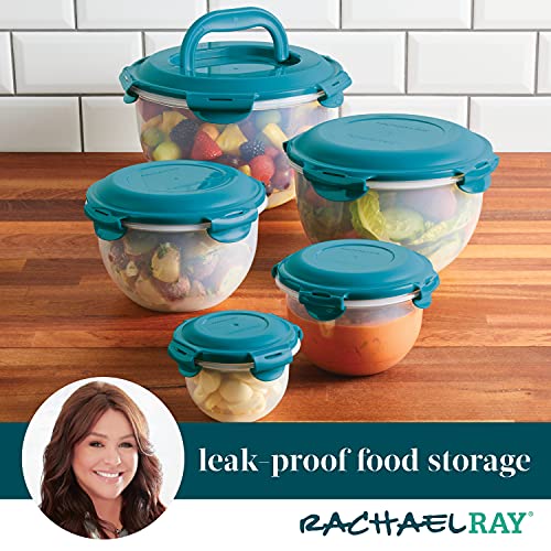  Leak-Proof Nestable Container Food Storage Bin Set, 10-Piece Round, Teal Lid