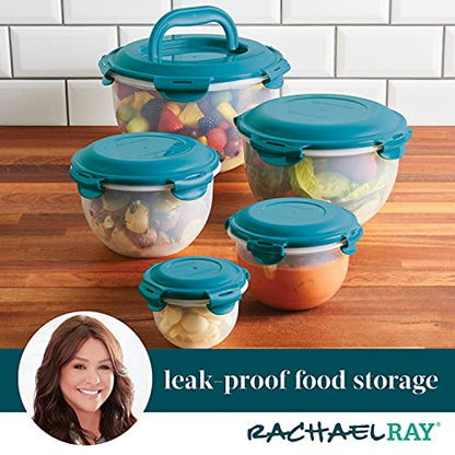  Leak-Proof Nestable Container Food Storage Bin Set, 10-Piece Round, Teal Lid