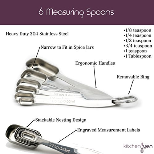  Measuring Cups And Spoons Set By Kitchen Yen - 7 Nesting Cups, 6 Stackable Narrow Spoons - Coffee Scoop - Engraved Measurements For Dry/Liquid Ingredients - Heavy Duty Professional 304 Stainless Steel