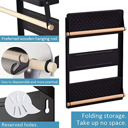  XIAPIA Magnetic Fridge Organizer Spice Rack With Paper Towel Holder And 5 Extra Hooks | 3 Tier Magnet Refrigerator Shelf In Kitchen Holds Up To 45 LBS | 16x12x4 Inch Black