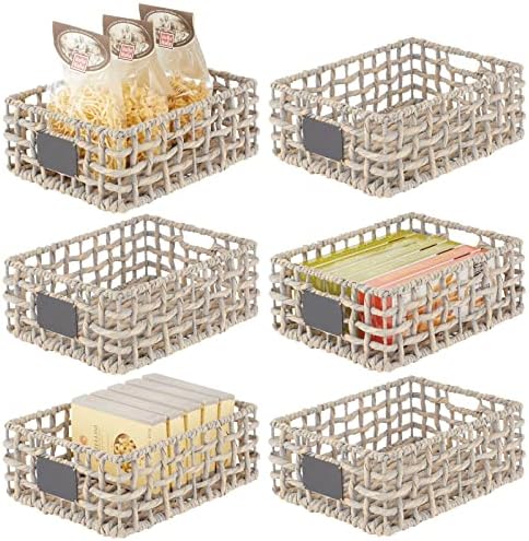  MDesign Hyacinth Open Weave Kitchen Cabinet Pantry Basket With Built-in Chalkboard Label For Organizing Kitchen Pantry, Cabinet, Cupboard, Shelves - Holds Food, Drinks, Snacks, 6 Pack - White Wash