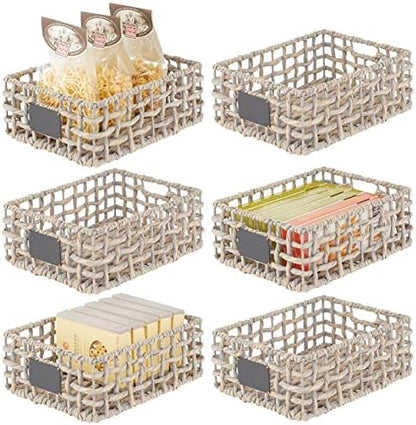  MDesign Hyacinth Open Weave Kitchen Cabinet Pantry Basket With Built-in Chalkboard Label For Organizing Kitchen Pantry, Cabinet, Cupboard, Shelves - Holds Food, Drinks, Snacks, 6 Pack - White Wash