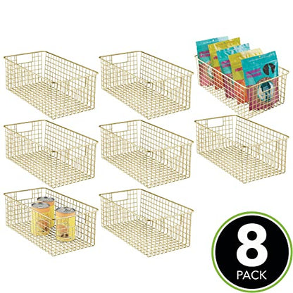  MDesign Metal Wire Food Storage Basket Organizer With Handles For Organizing Kitchen Cabinets, Pantry Shelf, Bathroom, Laundry Room, Closets, Garage - Concerto Collection - 8 Pack - Soft Brass