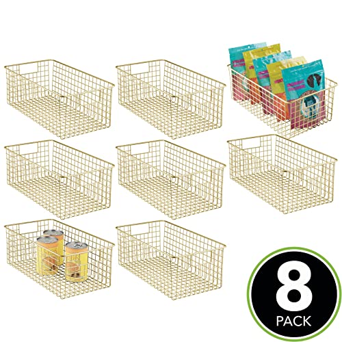  MDesign Metal Wire Food Storage Basket Organizer With Handles For Organizing Kitchen Cabinets, Pantry Shelf, Bathroom, Laundry Room, Closets, Garage - Concerto Collection - 8 Pack - Soft Brass