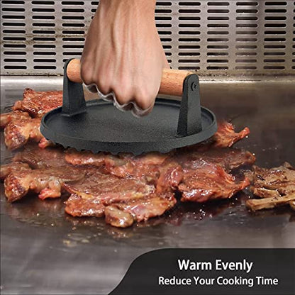  Cast Iron Burger Press, 7 Inch Round Heavy Duty Bacon Meat Steak Grill Press With Wooden Handle, Heat Proof, Rust Resistance, Griddle Accessorie Burger Smasher For BBQ Flat Top Teppanyaki
