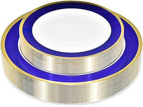  Blue And Gold Rim Plastic Dinnerware (200-Piece) Plastic Plates, Plastic Cutlery, Plastic Cups And Guest Towels - Service For 25 Guests Place Setting For Wedding, Party, Baby Shower, Birthday, Holiday