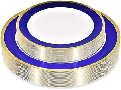  Blue And Gold Rim Plastic Dinnerware (200-Piece) Plastic Plates, Plastic Cutlery, Plastic Cups And Guest Towels - Service For 25 Guests Place Setting For Wedding, Party, Baby Shower, Birthday, Holiday