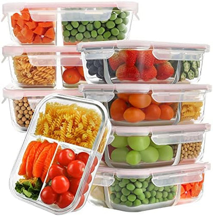  8 Pack Glass Meal Prep Containers 3 Compartment, Glass Food Storage Containers With Lids, Airtight Glass Lunch Bento Boxes, BPA-Free & Leak Proof (8 Lids & 8 Containers) - Grey