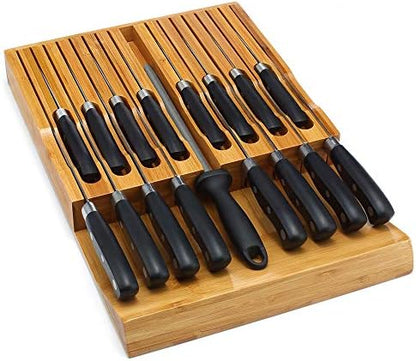  In-Drawer Knife Block, Bamboo Knife Drawer Organizer Insert, Kitchen Knife Holder Drawer For 12 Knives PLUS A Slot For Your Knife Sharpener (Without Knives)